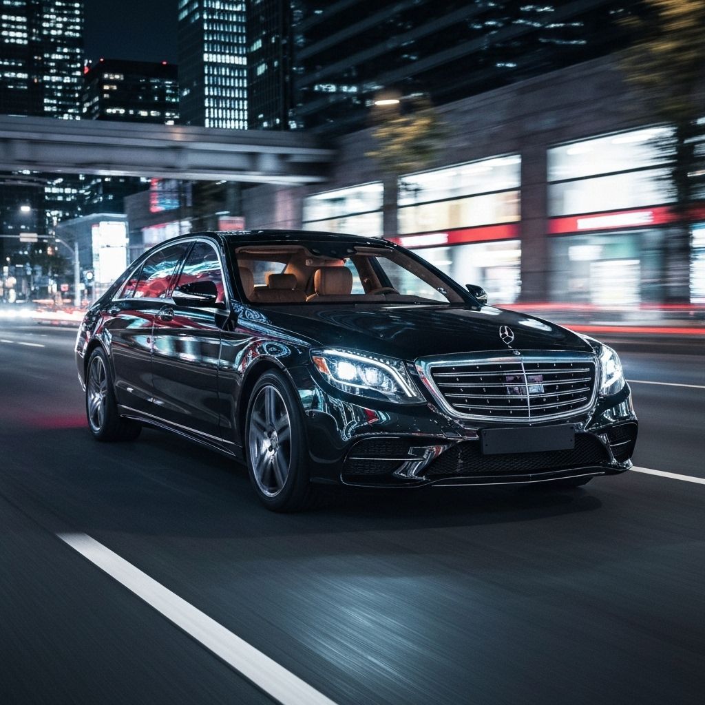 VIP Drive Montenegro luxury Mercedes sedan at night - premium car rental service